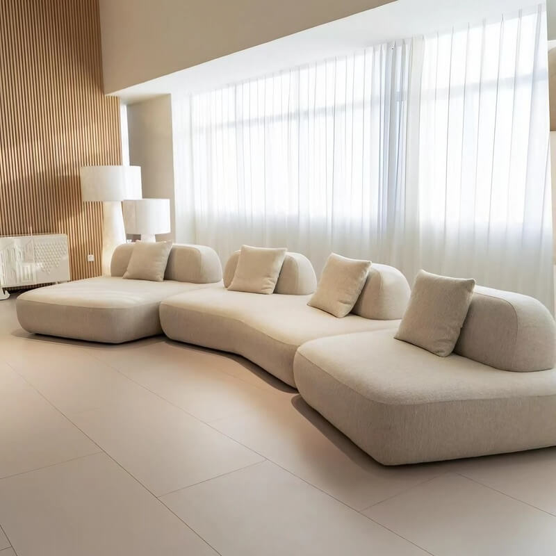 131.5″ Curved Sectional Sofa - Modern Beige Upholstered Chenille