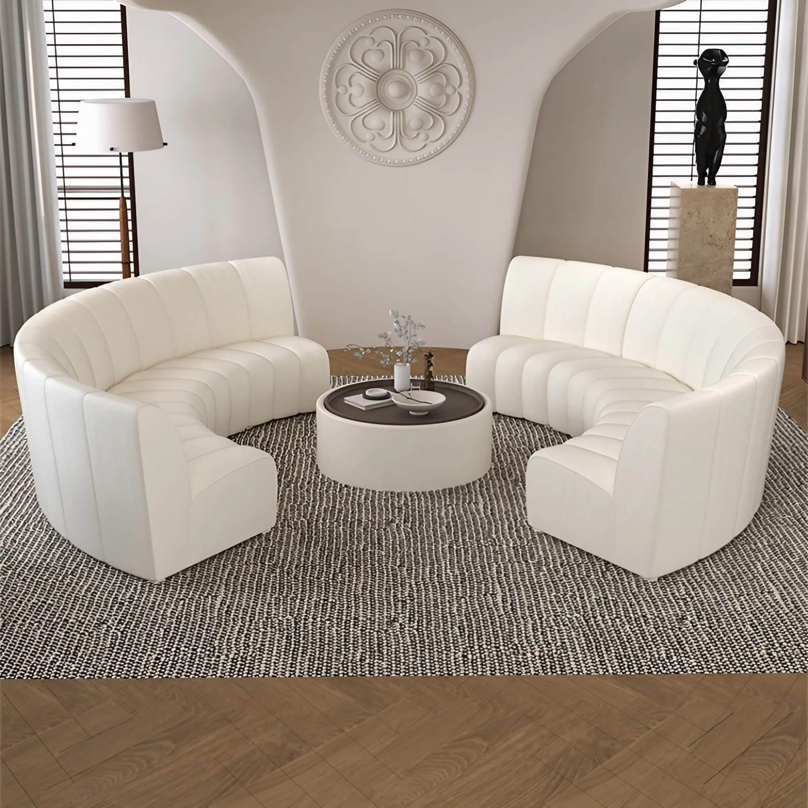 137.8″ Half Circle Couch Modern Curved Beige Brushed Velvet Upholstery