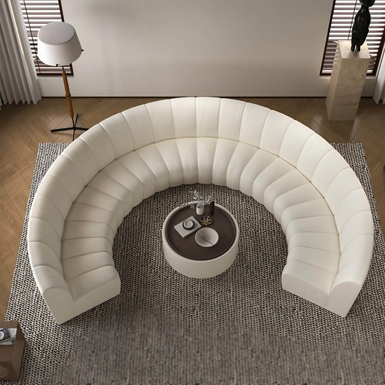 137.8″ Half Circle Couch Modern Curved Beige Brushed Velvet Upholstery