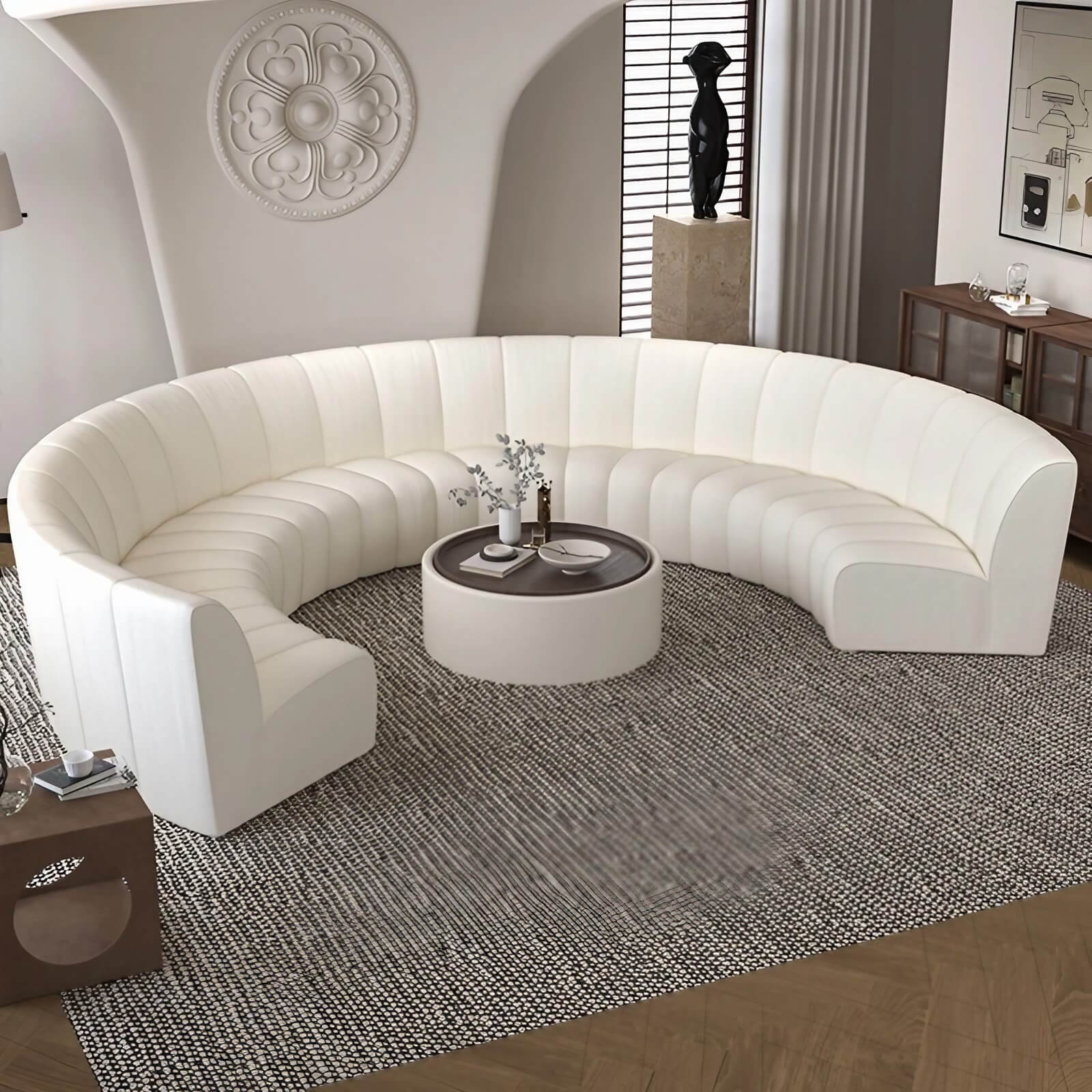 137.8″ Half Circle Couch Modern Curved Beige Brushed Velvet Upholstery