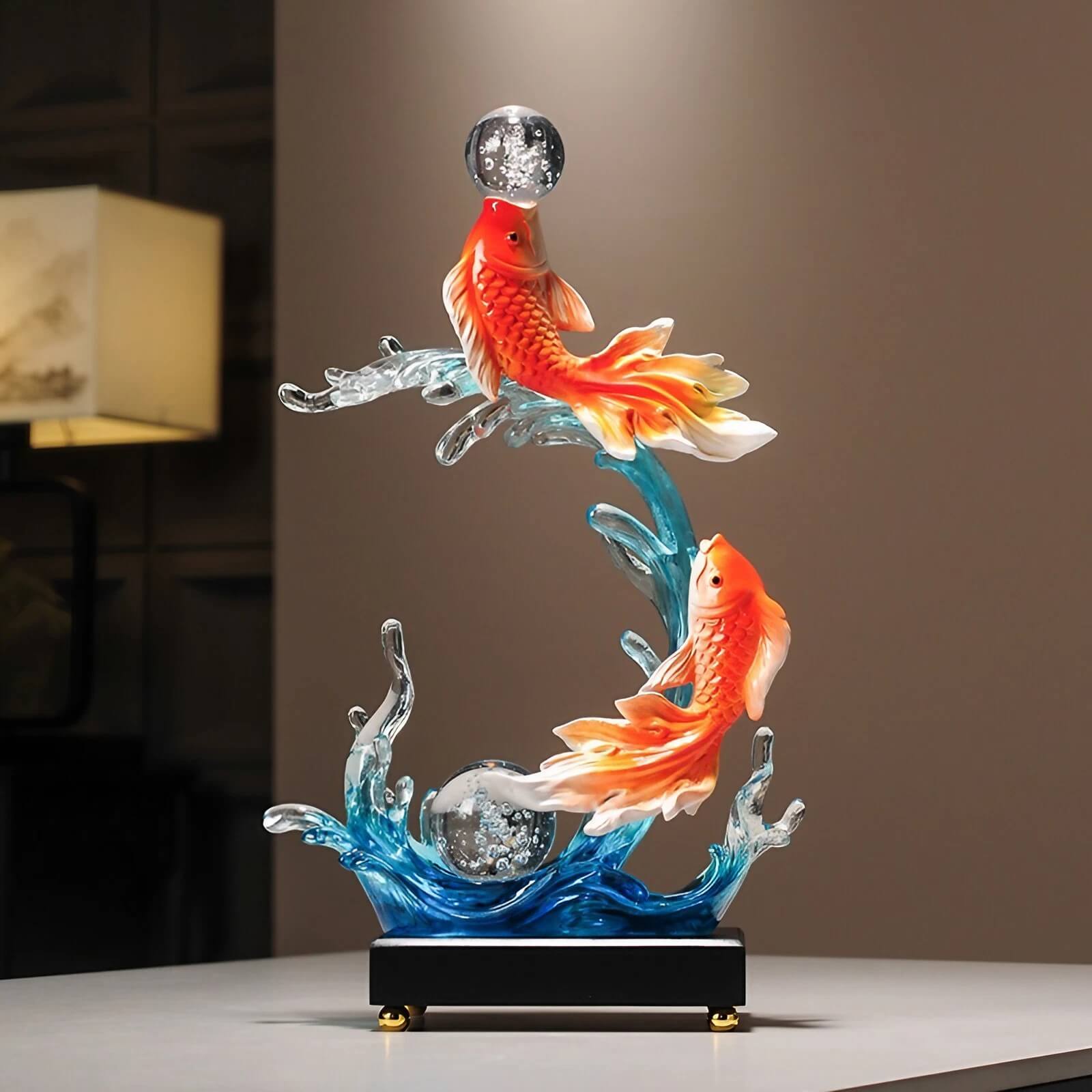 14.2″ Twin Fish Water Fountain Feng Shui Decor Resin for Office Living Room