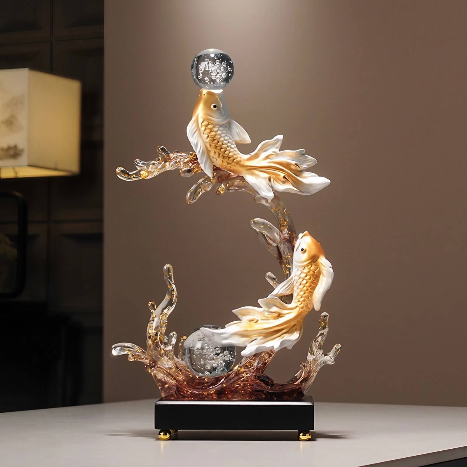 14.2″ Twin Fish Water Fountain Feng Shui Decor Resin for Office Living Room