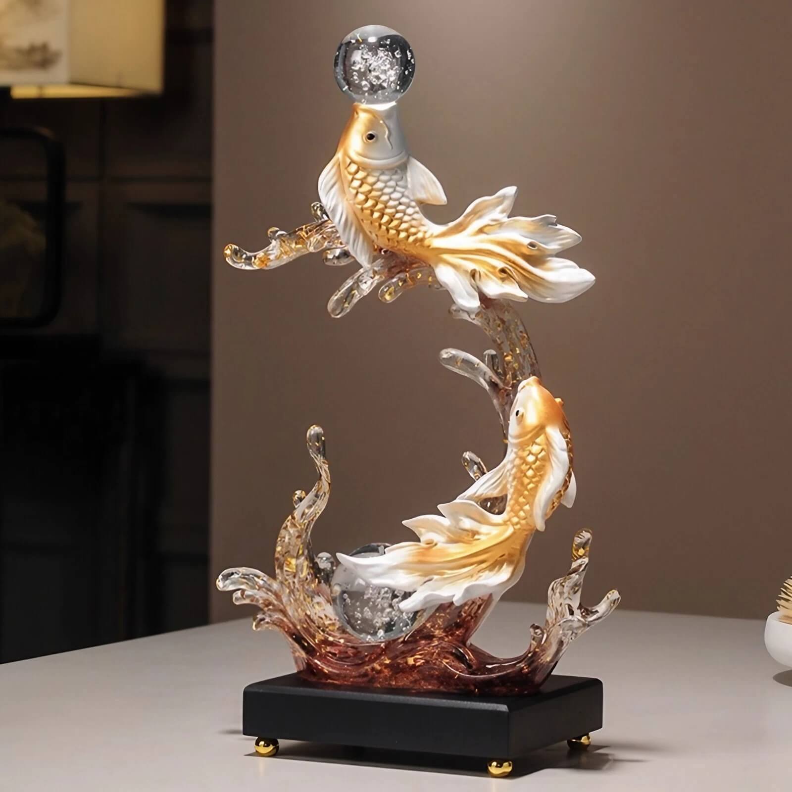 14.2″ Twin Fish Water Fountain Feng Shui Decor Resin for Office Living Room