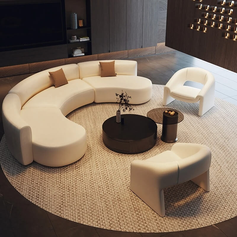 141.7″ Half Circle Couch Modern Beige Curved Brushed Velvet Upholstery