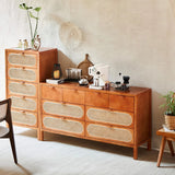 61" Rattan Dresser - 6 Drawers - Cherry Wood - Nordic Style