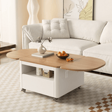 24'' Oval Coffee Table with Natural Wood Top and Iron Frame Base, Multifunctional with Locking Wheels