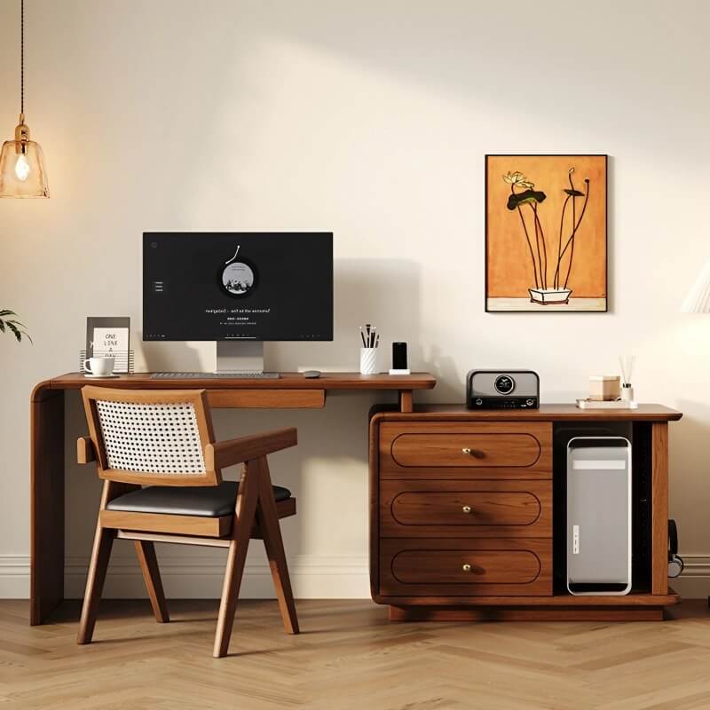 24″ L-Shaped Wood Frame Desk - Walnut Top, Modern Design with Drawers, Shelves, Storage, Rotating Feature