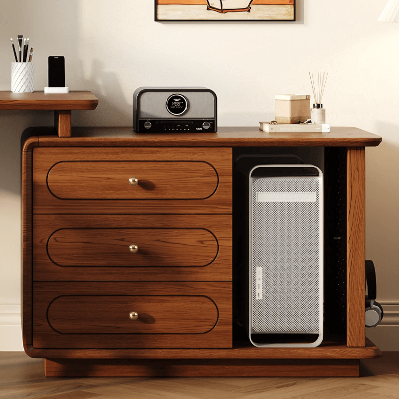 24″ L-Shaped Wood Frame Desk - Walnut Top, Modern Design with Drawers, Shelves, Storage, Rotating Feature