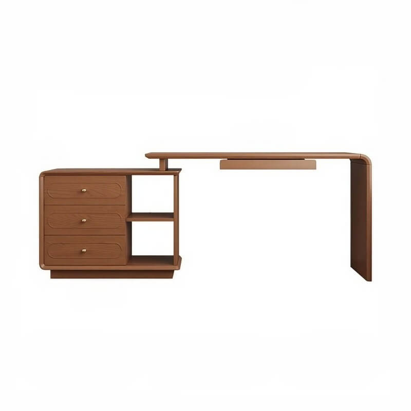 24″ L-Shaped Wood Frame Desk - Walnut Top, Modern Design with Drawers, Shelves, Storage, Rotating Feature