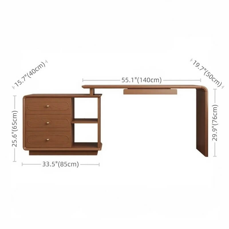 24″ L-Shaped Wood Frame Desk - Walnut Top, Modern Design with Drawers, Shelves, Storage, Rotating Feature