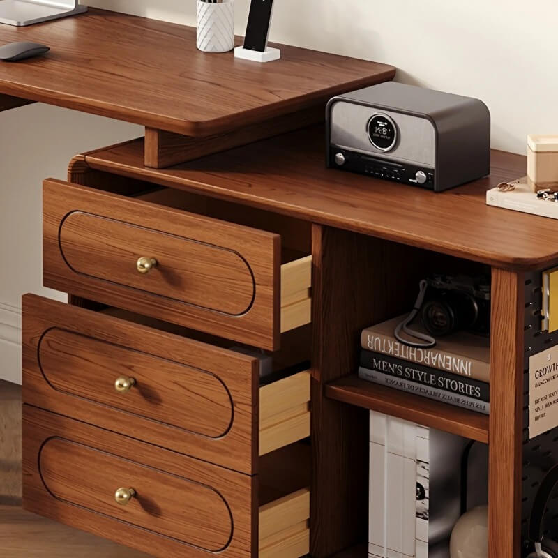 24″ L-Shaped Wood Frame Desk - Walnut Top, Modern Design with Drawers, Shelves, Storage, Rotating Feature