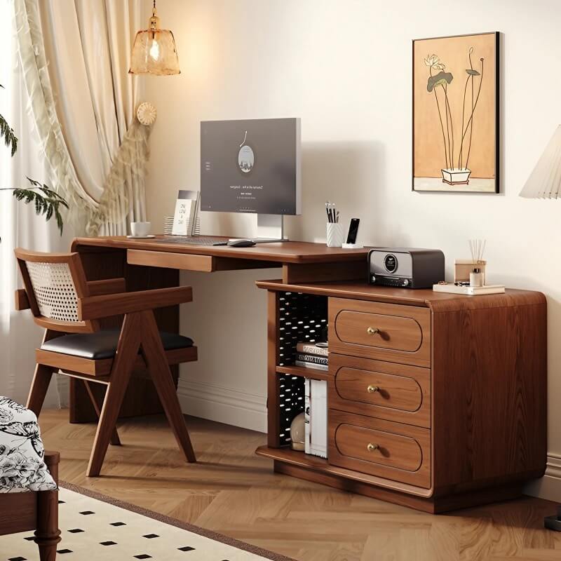 24″ L-Shaped Wood Frame Desk - Walnut Top, Modern Design with Drawers, Shelves, Storage, Rotating Feature