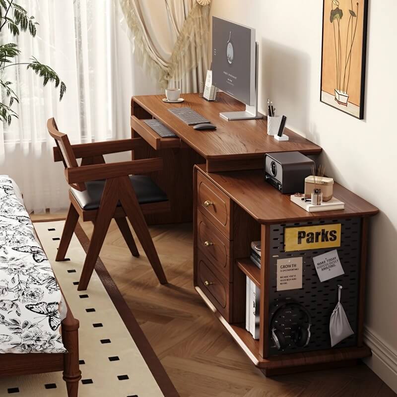 24″ L-Shaped Wood Frame Desk - Walnut Top, Modern Design with Drawers, Shelves, Storage, Rotating Feature