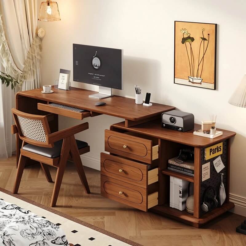 24″ L-Shaped Wood Frame Desk - Walnut Top, Modern Design with Drawers, Shelves, Storage, Rotating Feature