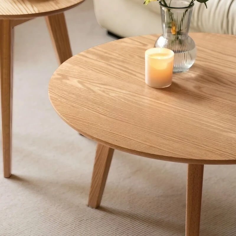24″ Natural Wood Top Round Coffee Table - Japandi Minimalist Solid Wood 3 Legs