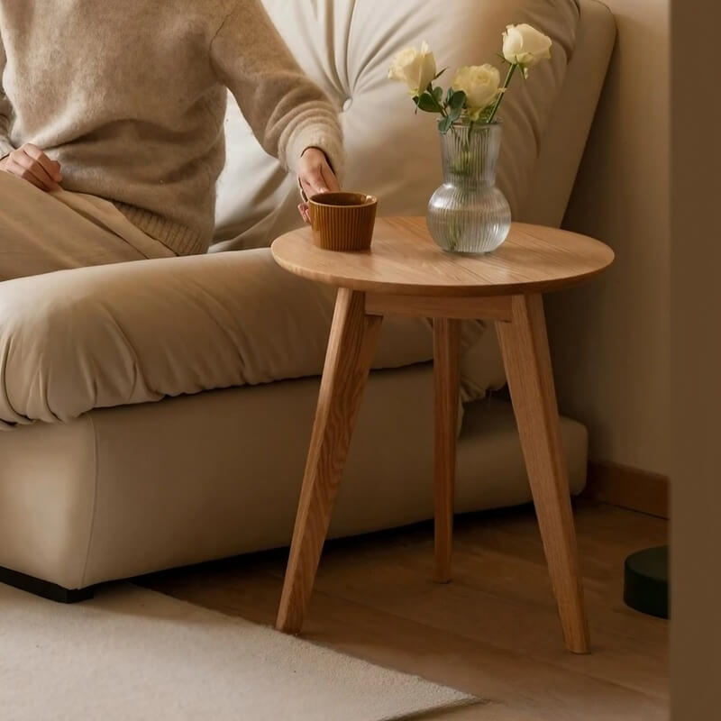 24″ Natural Wood Top Round Coffee Table - Japandi Minimalist Solid Wood 3 Legs