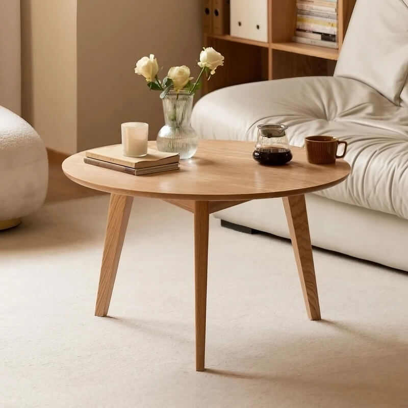 24″ Natural Wood Top Round Coffee Table - Japandi Minimalist Solid Wood 3 Legs
