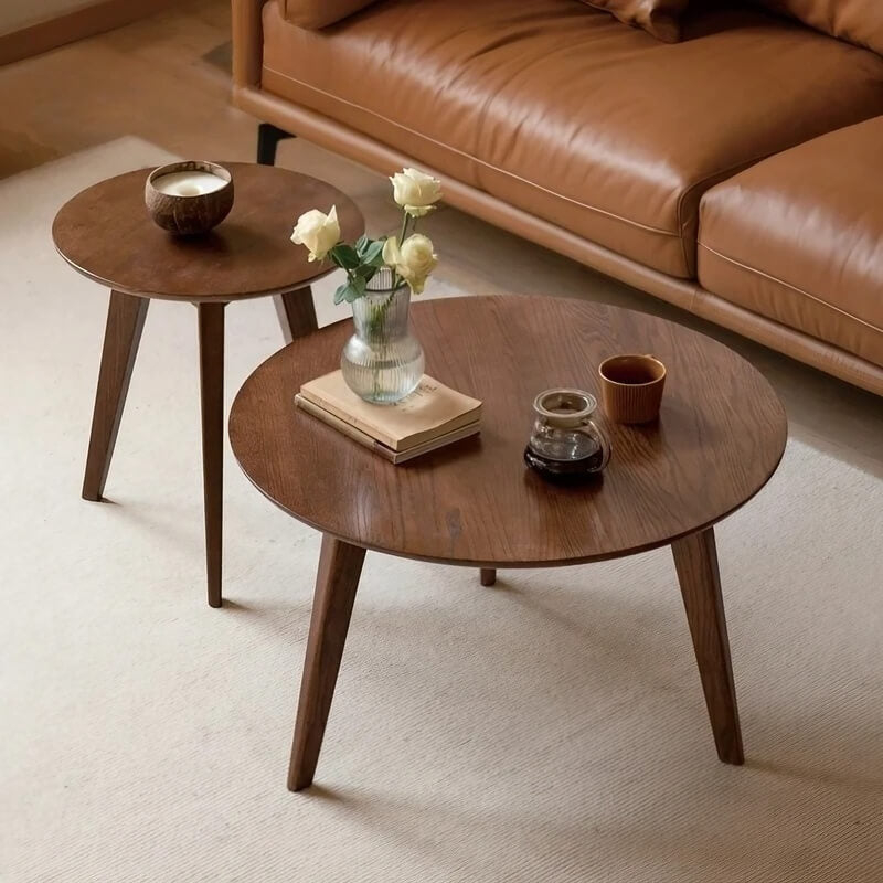 24″ Natural Wood Top Round Coffee Table - Japandi Minimalist Solid Wood 3 Legs