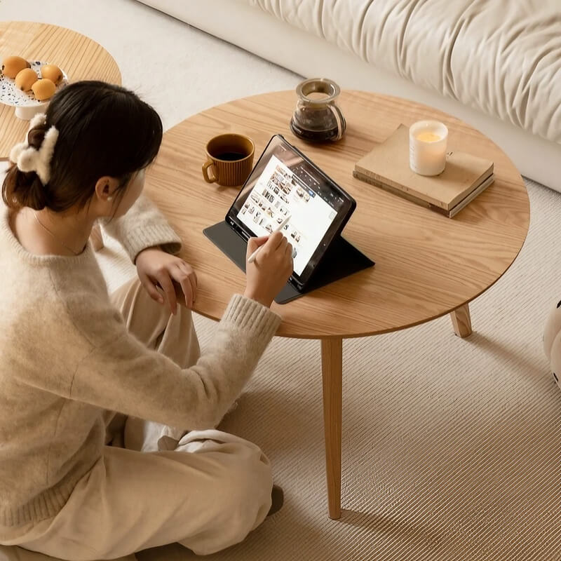 24″ Natural Wood Top Round Coffee Table - Japandi Minimalist Solid Wood 3 Legs