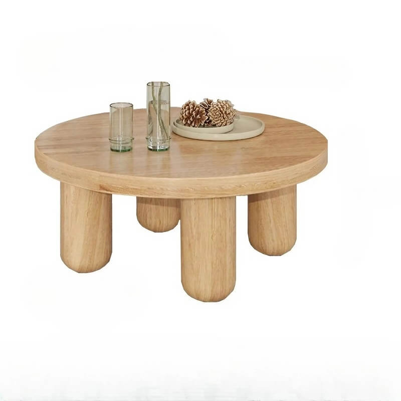 24″ Round Wooden Coffee Table - Solid Wood Base with 4 Legs - Walnut Top - Japandi Style Minimalist