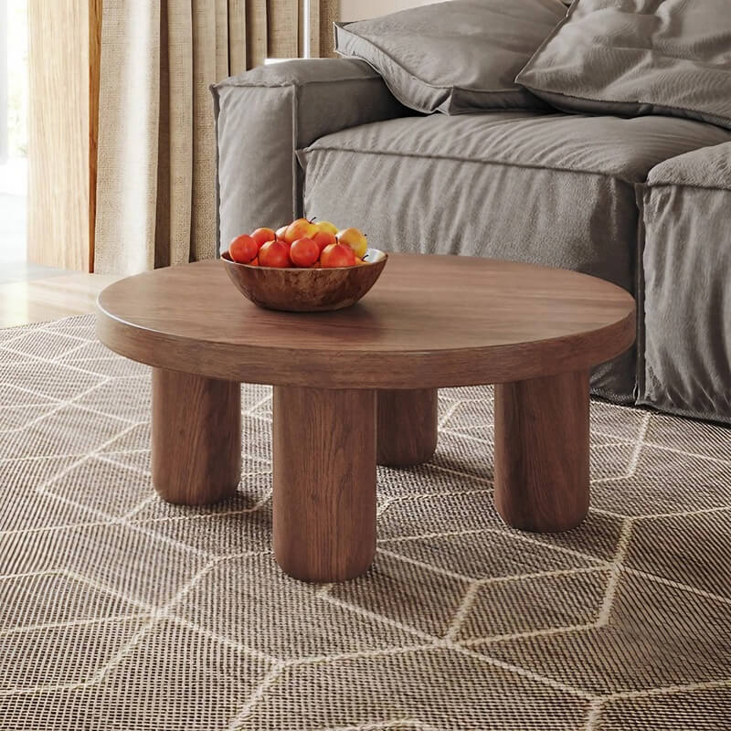 24″ Round Wooden Coffee Table - Solid Wood Base with 4 Legs - Walnut Top - Japandi Style Minimalist