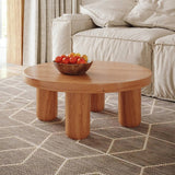 24″ Round Wooden Coffee Table - Solid Wood Base with 4 Legs - Walnut Top - Japandi Style Minimalist