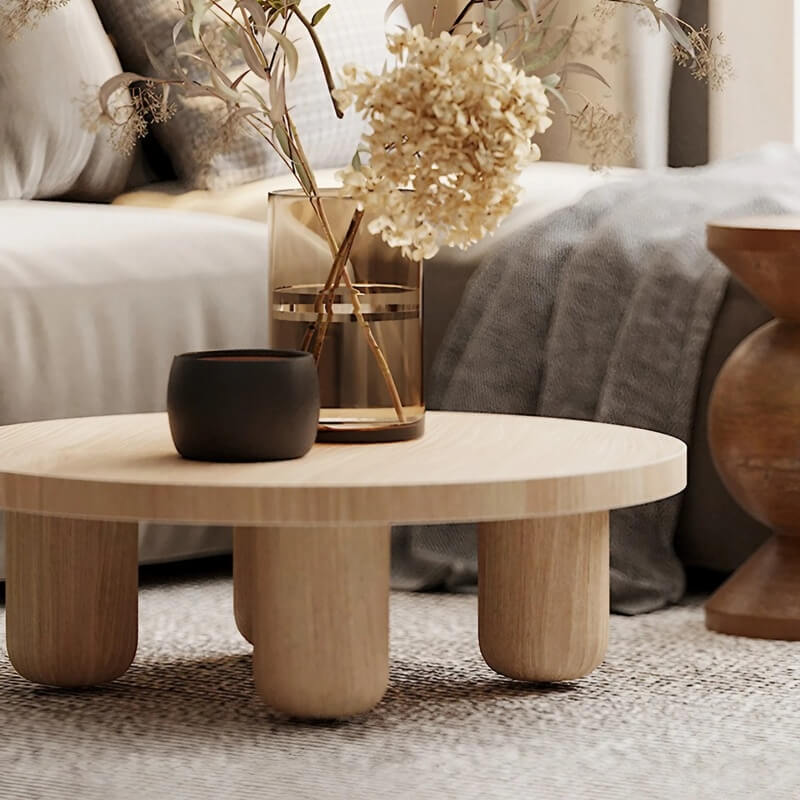 24″ Round Wooden Coffee Table - Solid Wood Base with 4 Legs - Walnut Top - Japandi Style Minimalist
