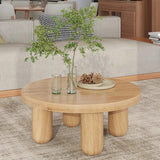 24″ Round Wooden Coffee Table - Solid Wood Base with 4 Legs - Walnut Top - Japandi Style Minimalist