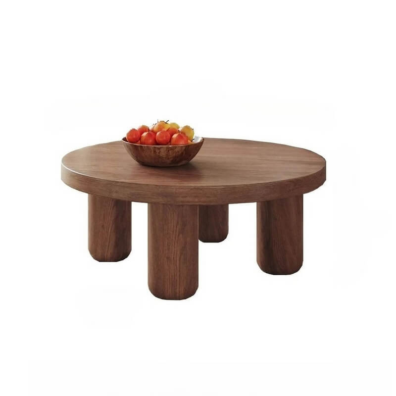 24″ Round Wooden Coffee Table - Solid Wood Base with 4 Legs - Walnut Top - Japandi Style Minimalist