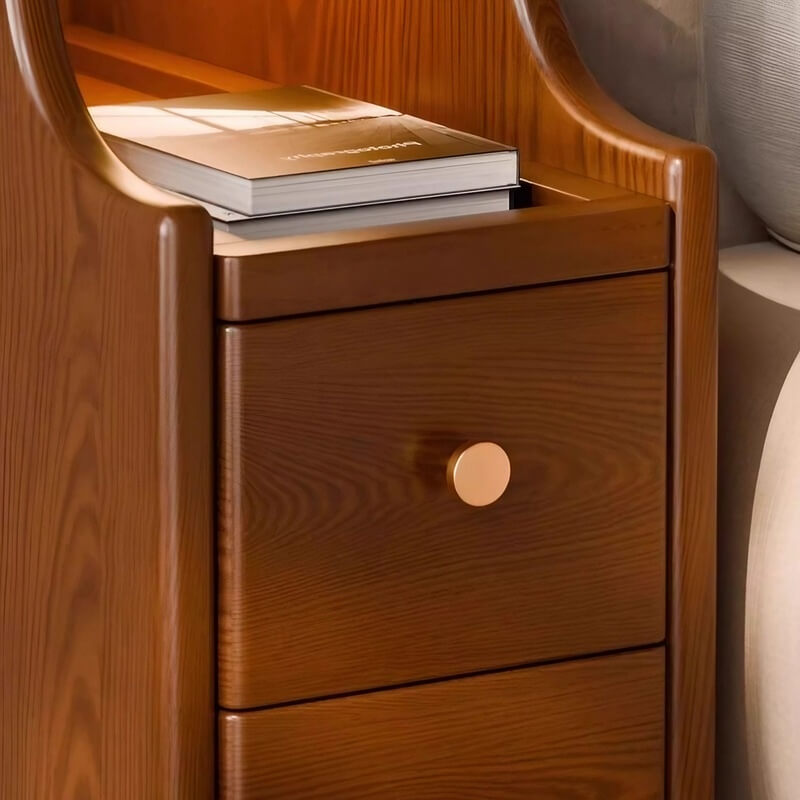 24″ Walnut Scandinavian-style Narrow Bedside Table - Rubberwood with Drawers and Shelves