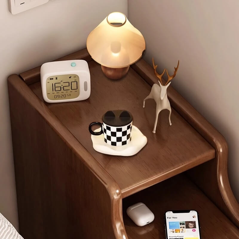 24″ Walnut Scandinavian-style Narrow Bedside Table - Rubberwood with Drawers and Shelves