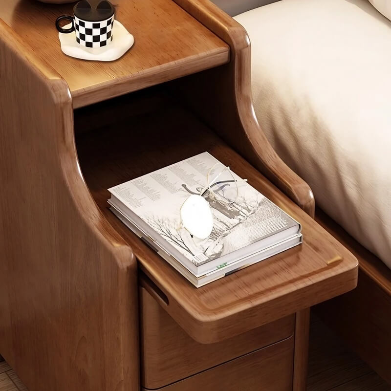 24″ Walnut Scandinavian-style Narrow Bedside Table - Rubberwood with Drawers and Shelves