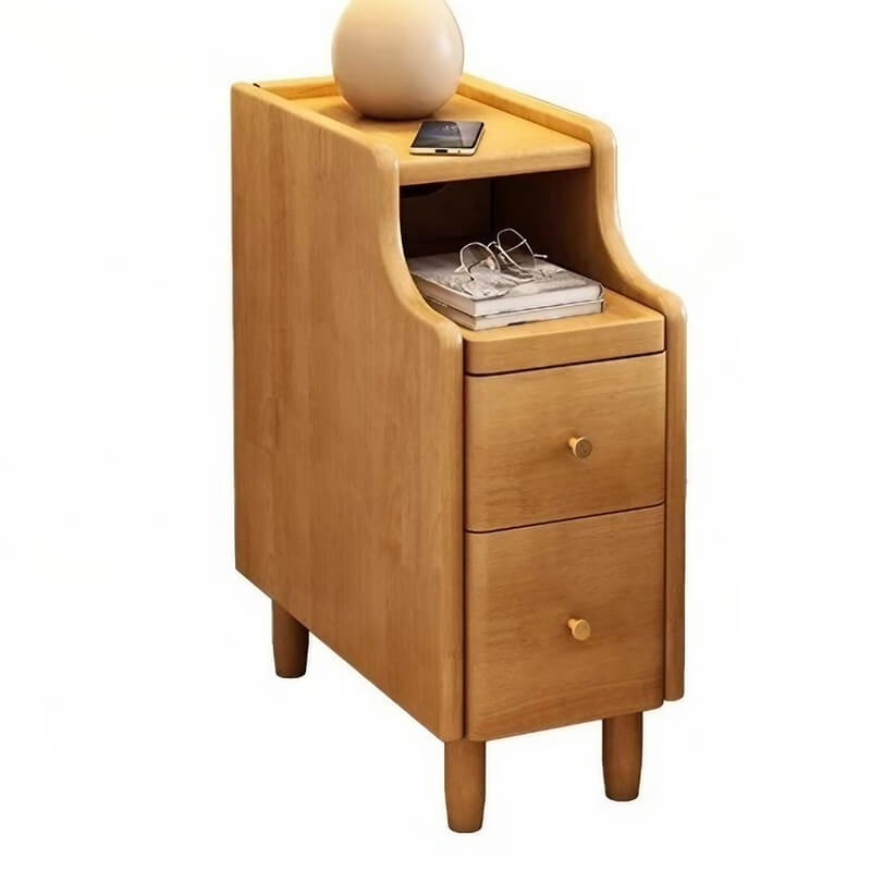 24″ Walnut Scandinavian-style Narrow Bedside Table - Rubberwood with Drawers and Shelves