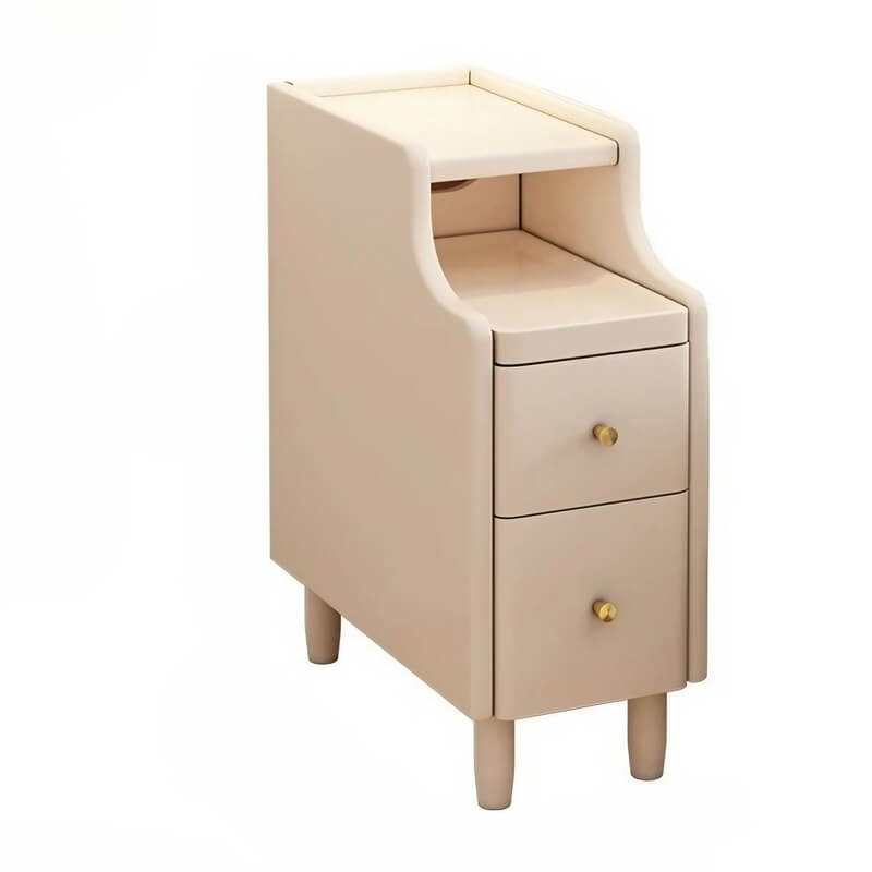 24″ Walnut Scandinavian-style Narrow Bedside Table - Rubberwood with Drawers and Shelves