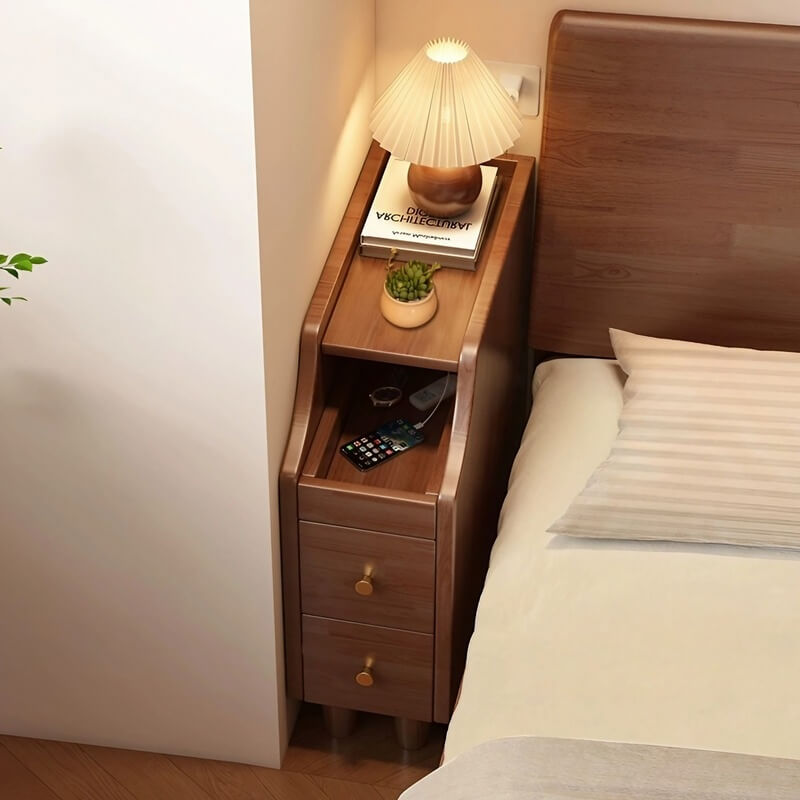 24″ Walnut Scandinavian-style Narrow Bedside Table - Rubberwood with Drawers and Shelves