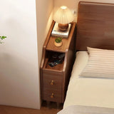 24″ Walnut Scandinavian-style Narrow Bedside Table - Rubberwood with Drawers and Shelves