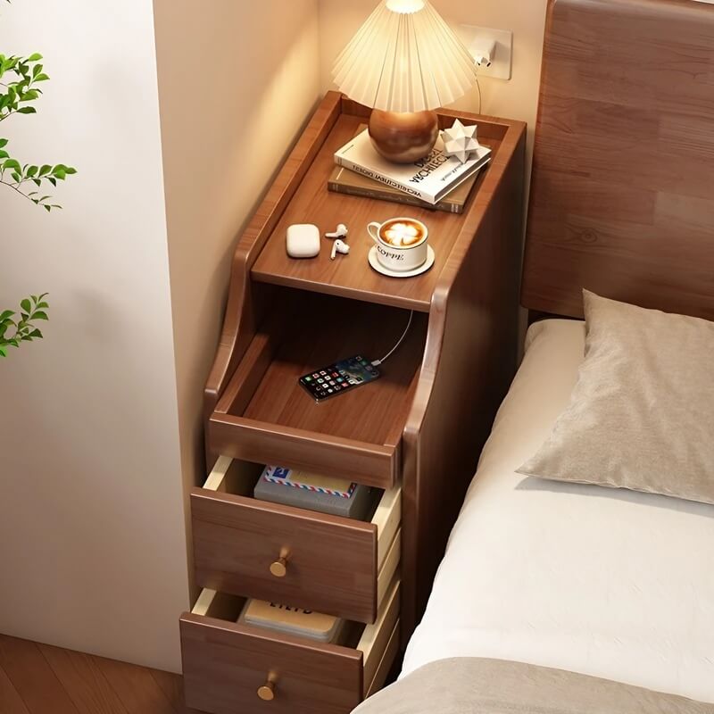 24″ Walnut Scandinavian-style Narrow Bedside Table - Rubberwood with Drawers and Shelves