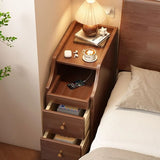 24″ Walnut Scandinavian-style Narrow Bedside Table - Rubberwood with Drawers and Shelves