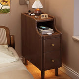 24″ Walnut Scandinavian-style Narrow Bedside Table - Rubberwood with Drawers and Shelves