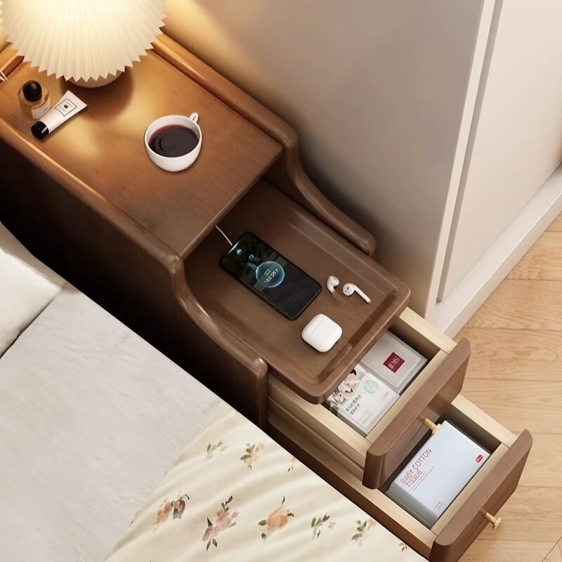 24″ Walnut Scandinavian-style Narrow Bedside Table - Rubberwood with Drawers and Shelves