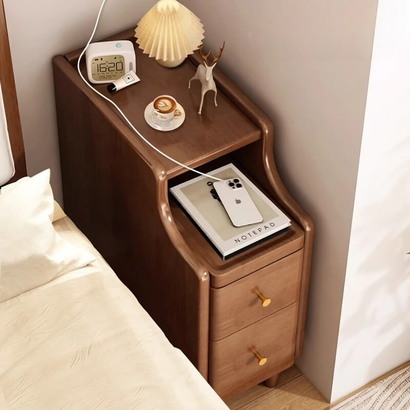 24″ Walnut Scandinavian-style Narrow Bedside Table - Rubberwood with Drawers and Shelves