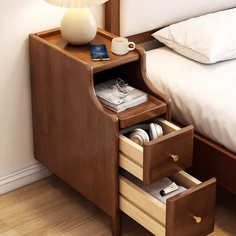 24″ Walnut Scandinavian-style Narrow Bedside Table - Rubberwood with Drawers and Shelves