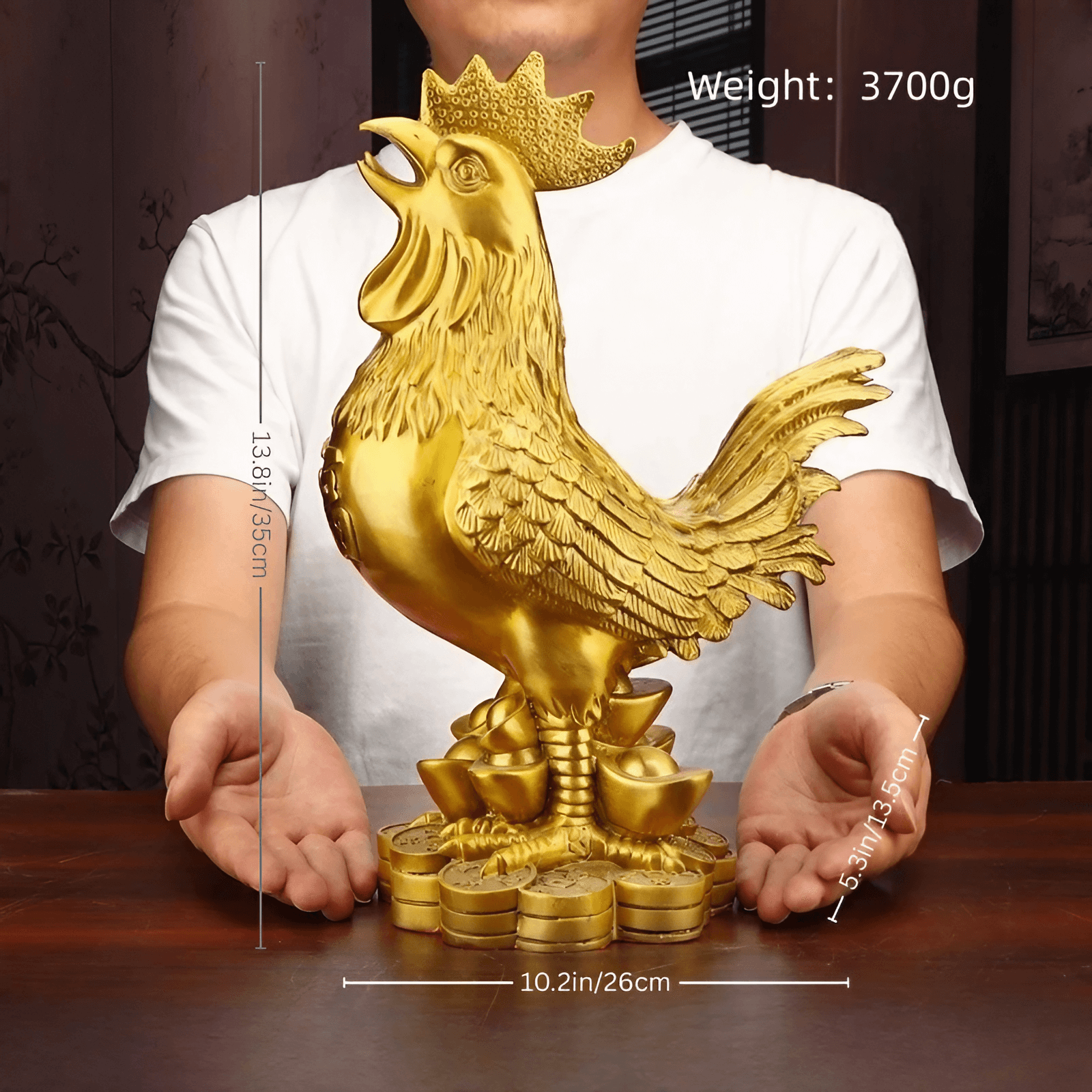 3.5″ Gold Rooster Feng Shui Decor Brass Ornament for Office Living Room