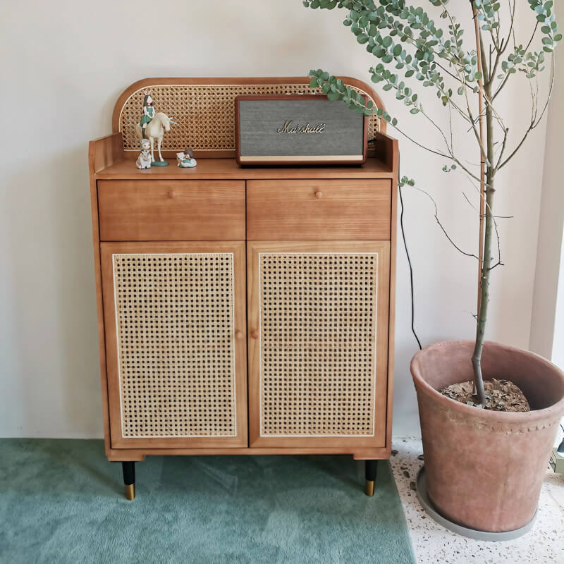 32" Rattan Dresser - Nordic Style with Drawers, Shelves, Doors Included - Natural Color