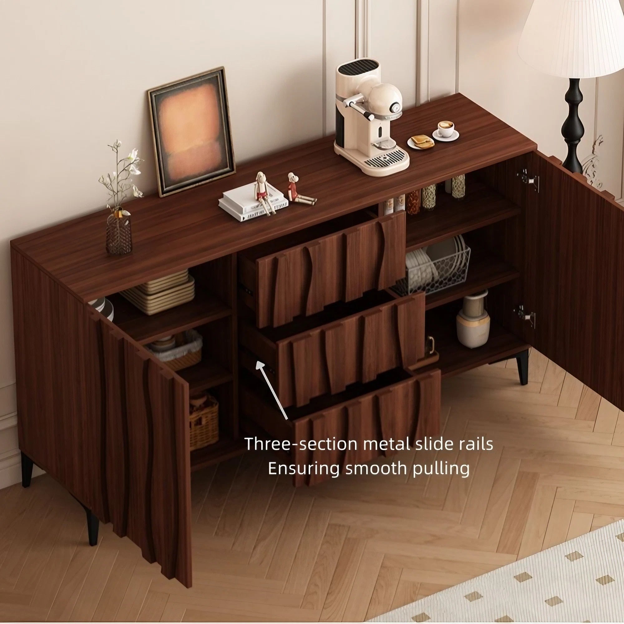 37.4" Vintage Walnut Sideboard - Drawers, Doors Included, 6 Shelves, Engineered Wood