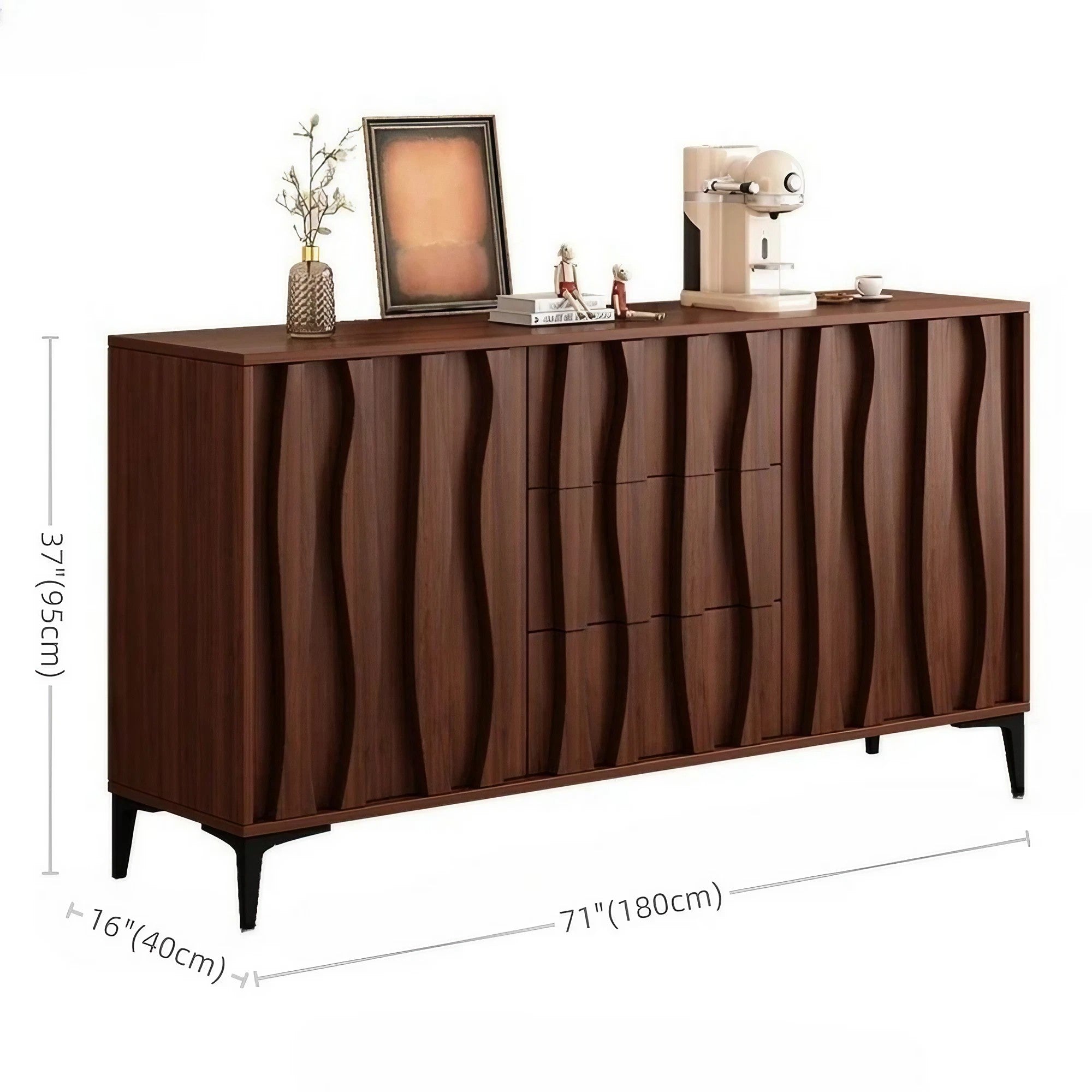 37.4" Vintage Walnut Sideboard - Drawers, Doors Included, 6 Shelves, Engineered Wood