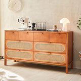 61" Rattan Dresser - 6 Drawers - Cherry Wood - Nordic Style