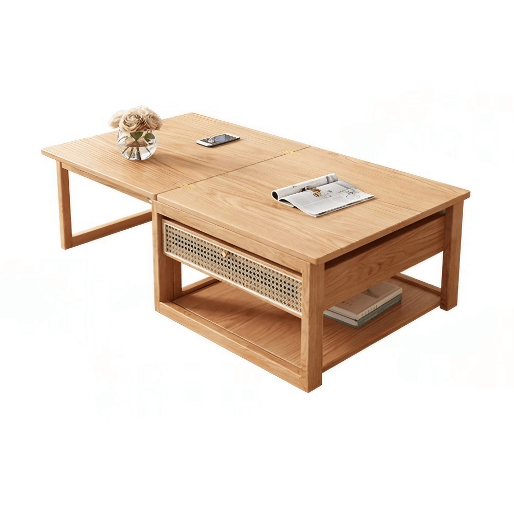 47-Inch Rectangular Solid Wood Multifunctional Coffee Table with Ash Wood and Rattan Block Base