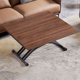 47'' Walnut Lift-Top Coffee Table - Multifunctional Rectangle Table with Iron Double Pedestal Base