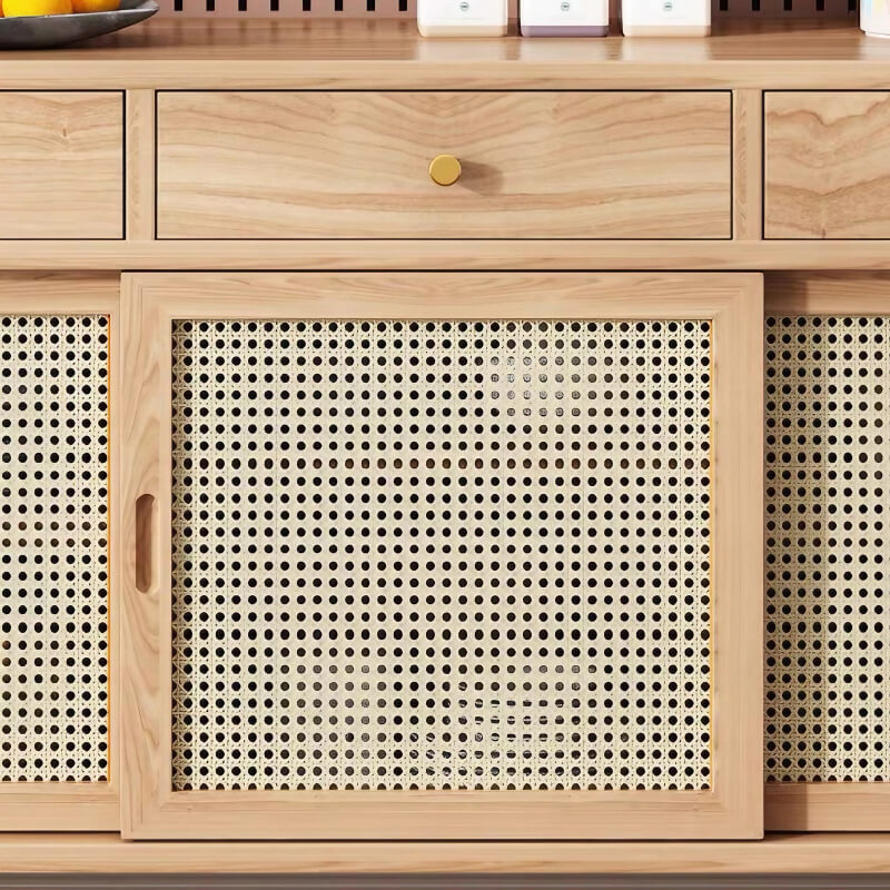 47" Modern Rattan Dresser with Drawers, Shelves, Doors - Natural